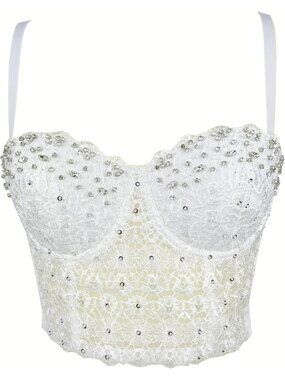 Women's White Lace Mesh Rhinestone Diamond Bra Push Up Bustier Corset Crop Top